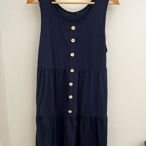 Sleeveless Soft Stretchy Comfy Navy Button-Down Tiered Midi Dress S